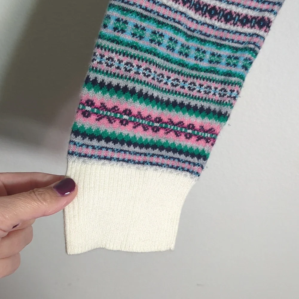 Talbots Womens Sweater Fair Isle Multi-color Striped Lambs Wool Pink Green Large